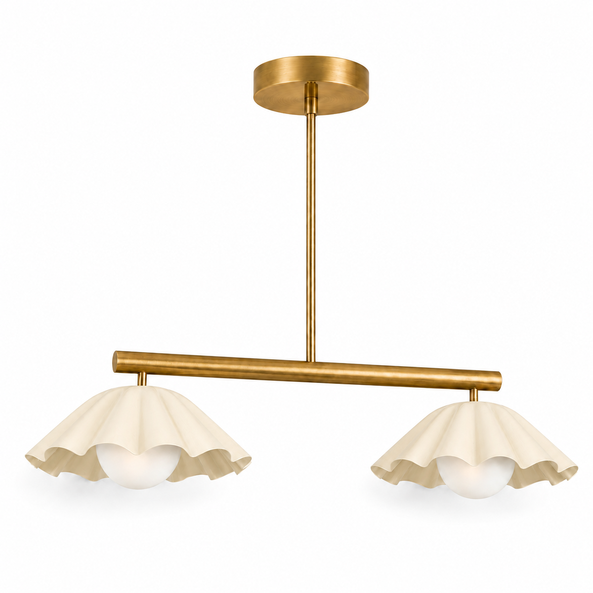 Scalloped Brass Linear Chandelier – Mid Century Modern 2-Light Pendant Fixture