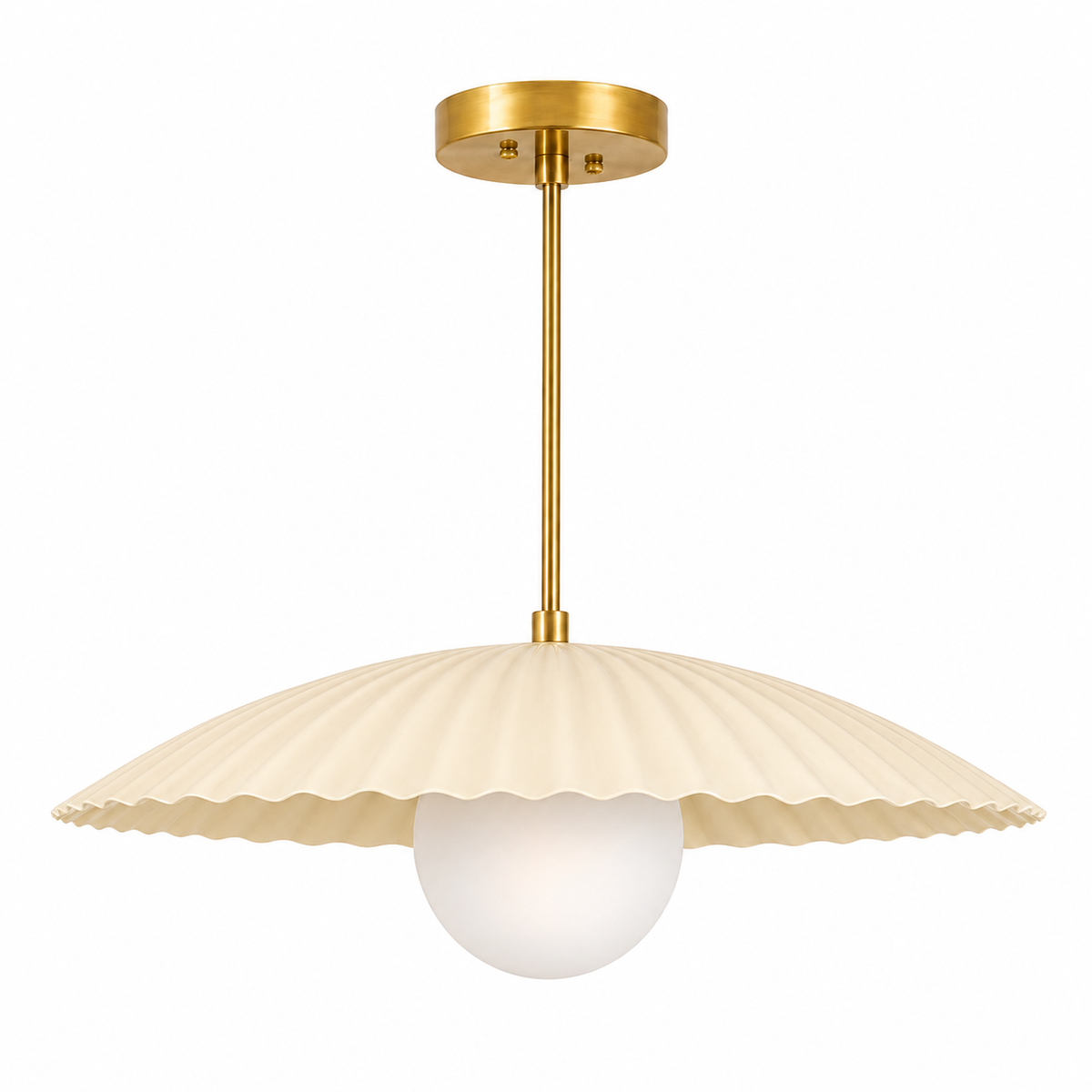 Scalloped Brass Pendant Chandelier with Glass Globe – Mid Century Modern Ceiling Light