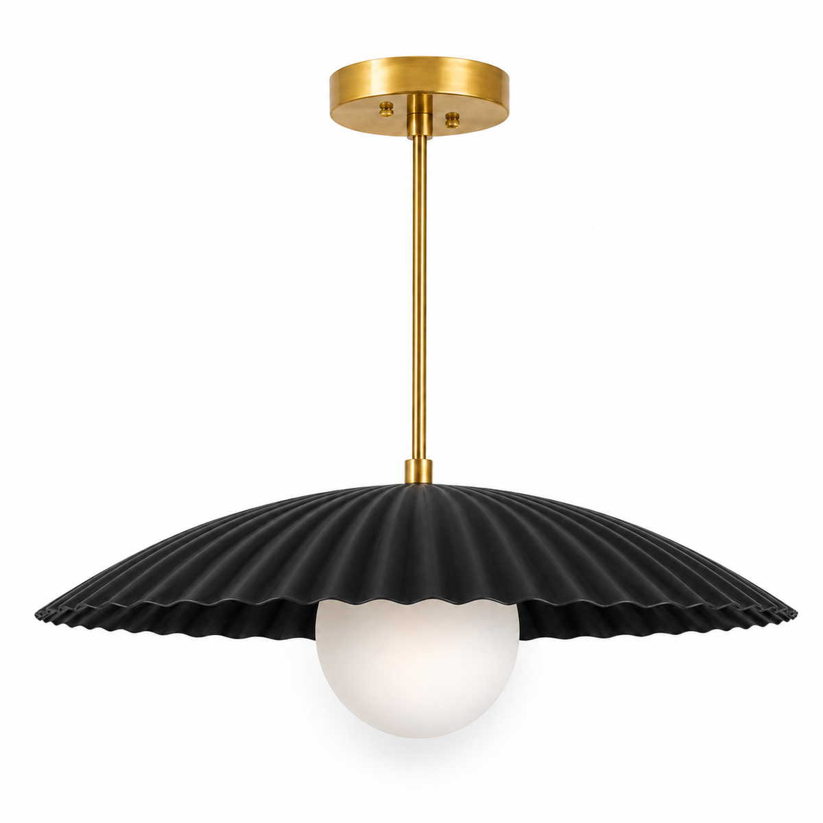 Scalloped Brass Pendant Chandelier with Glass Globe – Mid Century Modern Ceiling Light