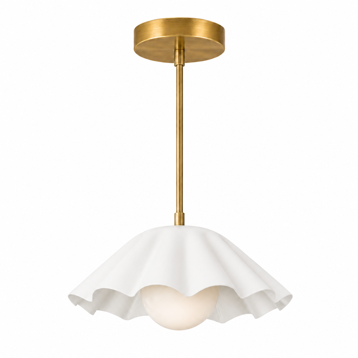 Brass Scalloped Pendant Light – Mid Century Modern Ceiling Fixture with Glass Globe