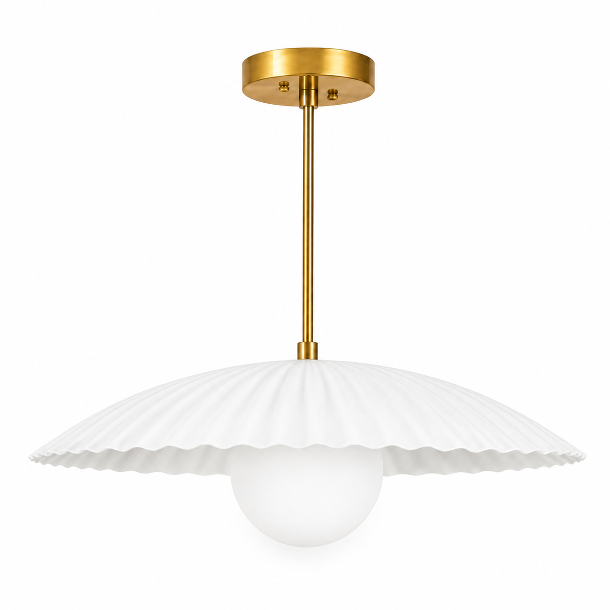 Scalloped Brass Pendant Chandelier with Glass Globe – Mid Century Modern Ceiling Light