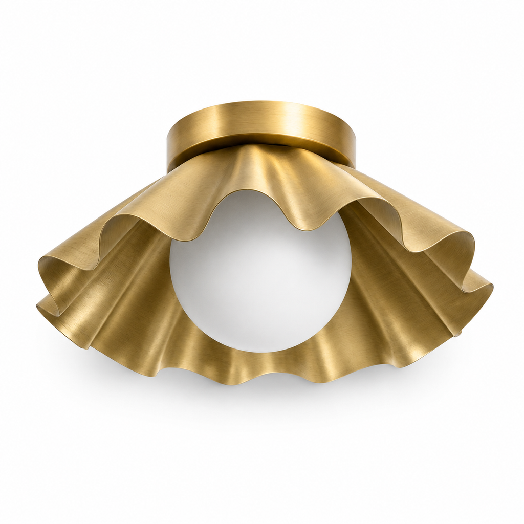 Modern Scalloped Flush Mount Ceiling Light – Antique Brass Finish with Frosted Glass Globe | Mid-Century Modern Ceiling Fixture for Bedroom, Hallway & Kitchen