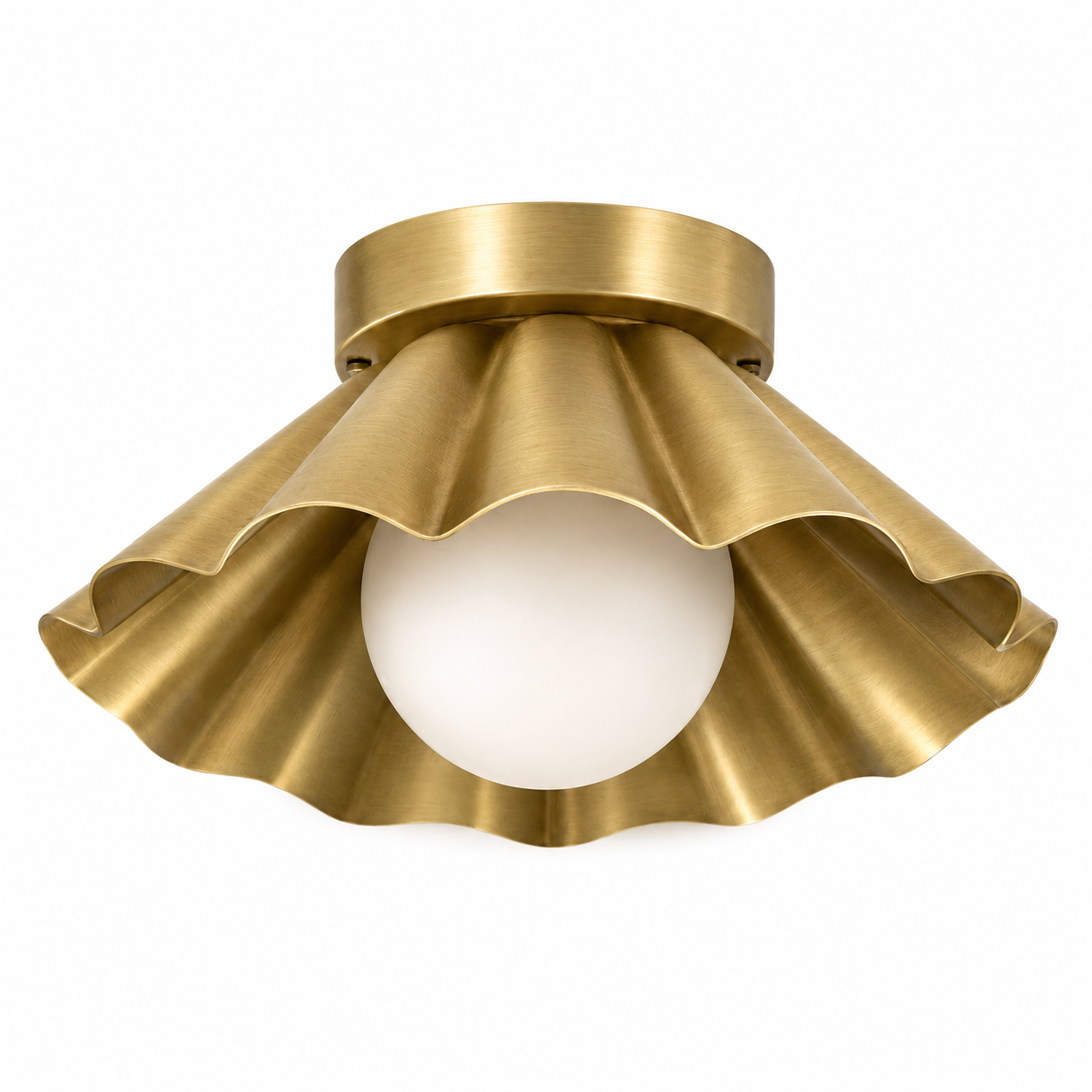 Modern Scalloped Flush Mount Ceiling Light – Cream Shade with Matte Black Canopy | Mid-Century Ceiling Fixture with Frosted Glass Globe