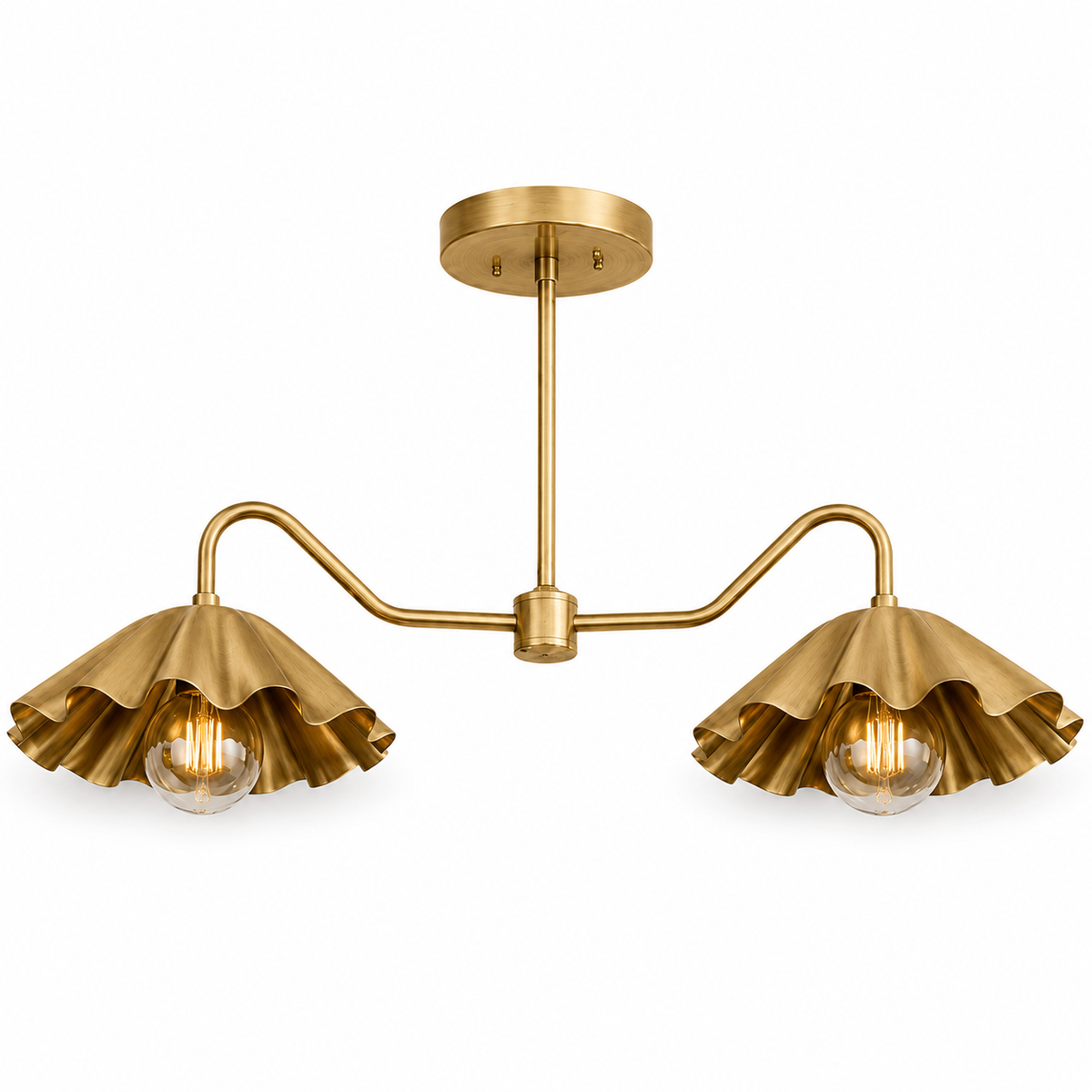 Brass Scalloped Double-Arm Chandelier – Mid-Century Modern Ceiling Light