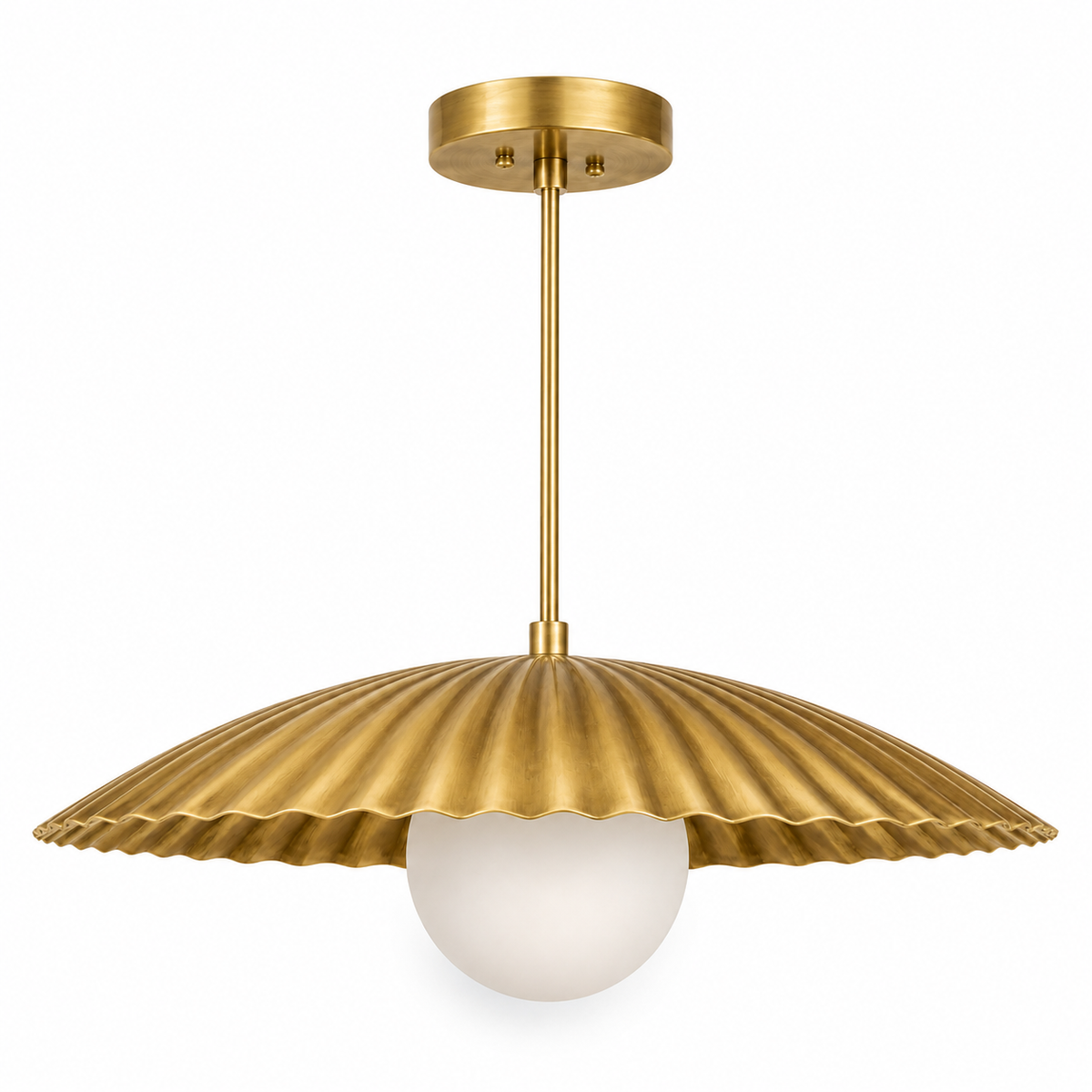 Scalloped Brass Pendant Chandelier with Glass Globe – Mid Century Modern Ceiling Light