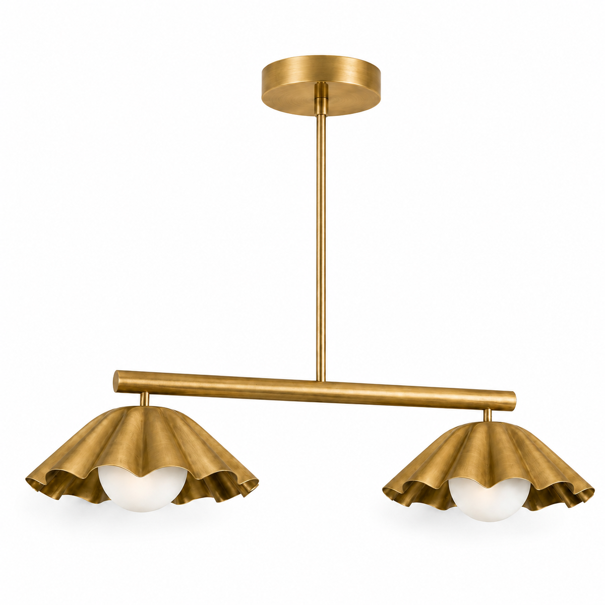 Scalloped Brass Linear Chandelier – Mid Century Modern 2-Light Pendant Fixture