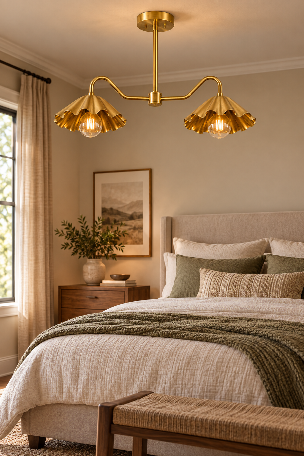 Brass Scalloped Double-Arm Chandelier – Mid-Century Modern Ceiling Light