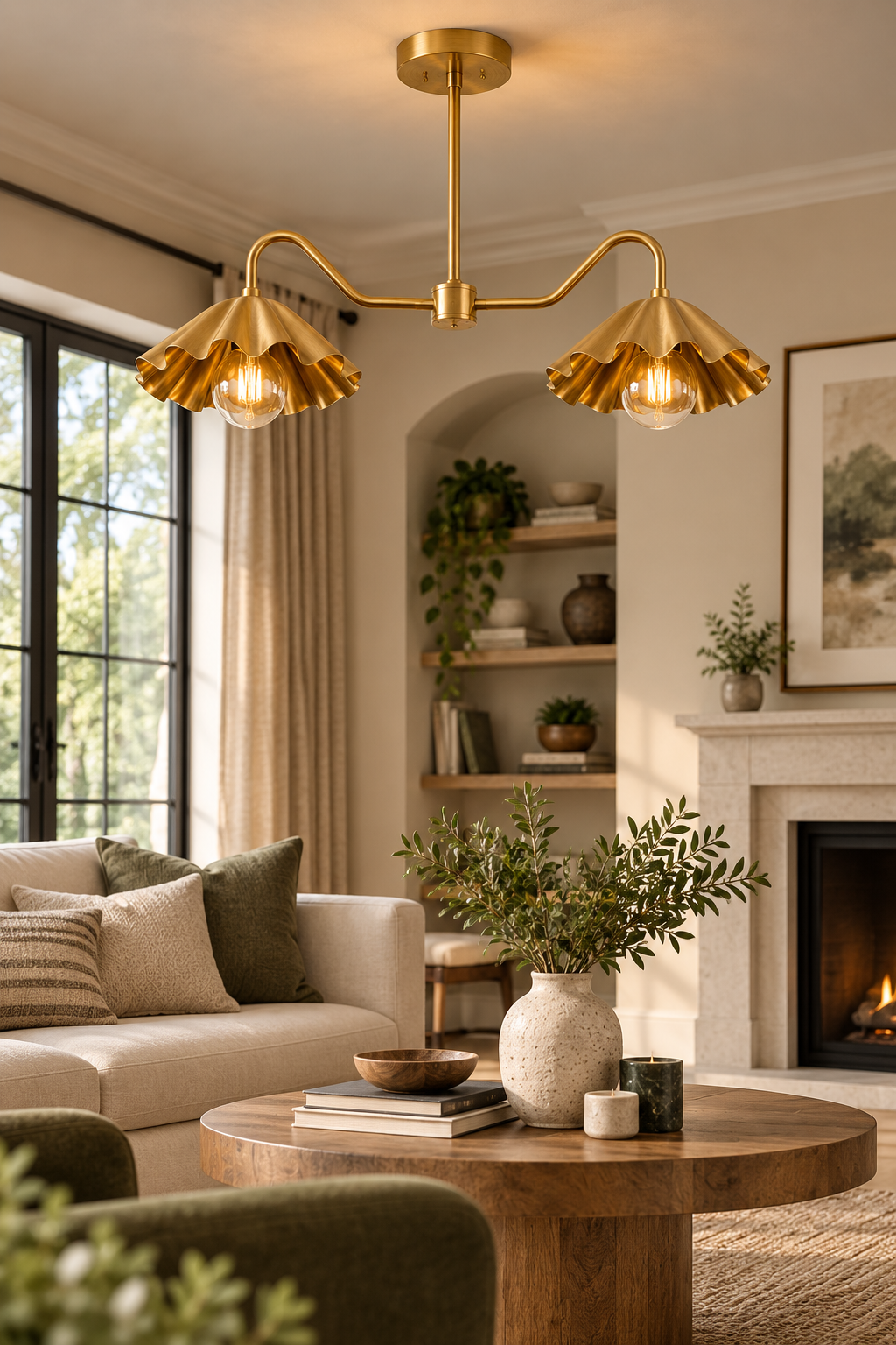 Brass Scalloped Double-Arm Chandelier – Mid-Century Modern Ceiling Light