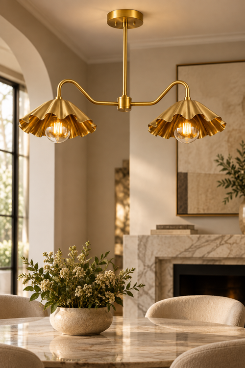 Brass Scalloped Double-Arm Chandelier – Mid-Century Modern Ceiling Light