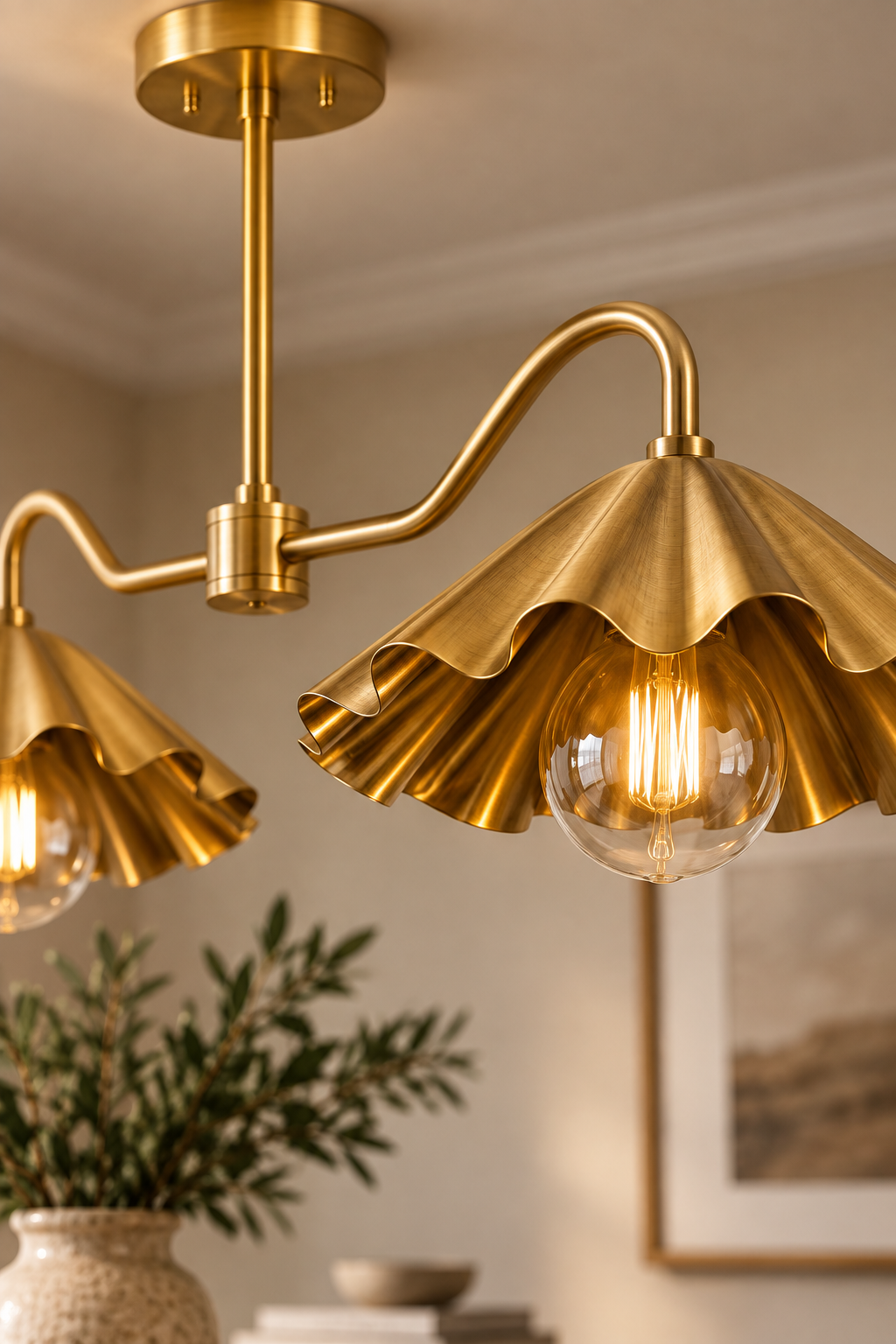 Brass Scalloped Double-Arm Chandelier – Mid-Century Modern Ceiling Light