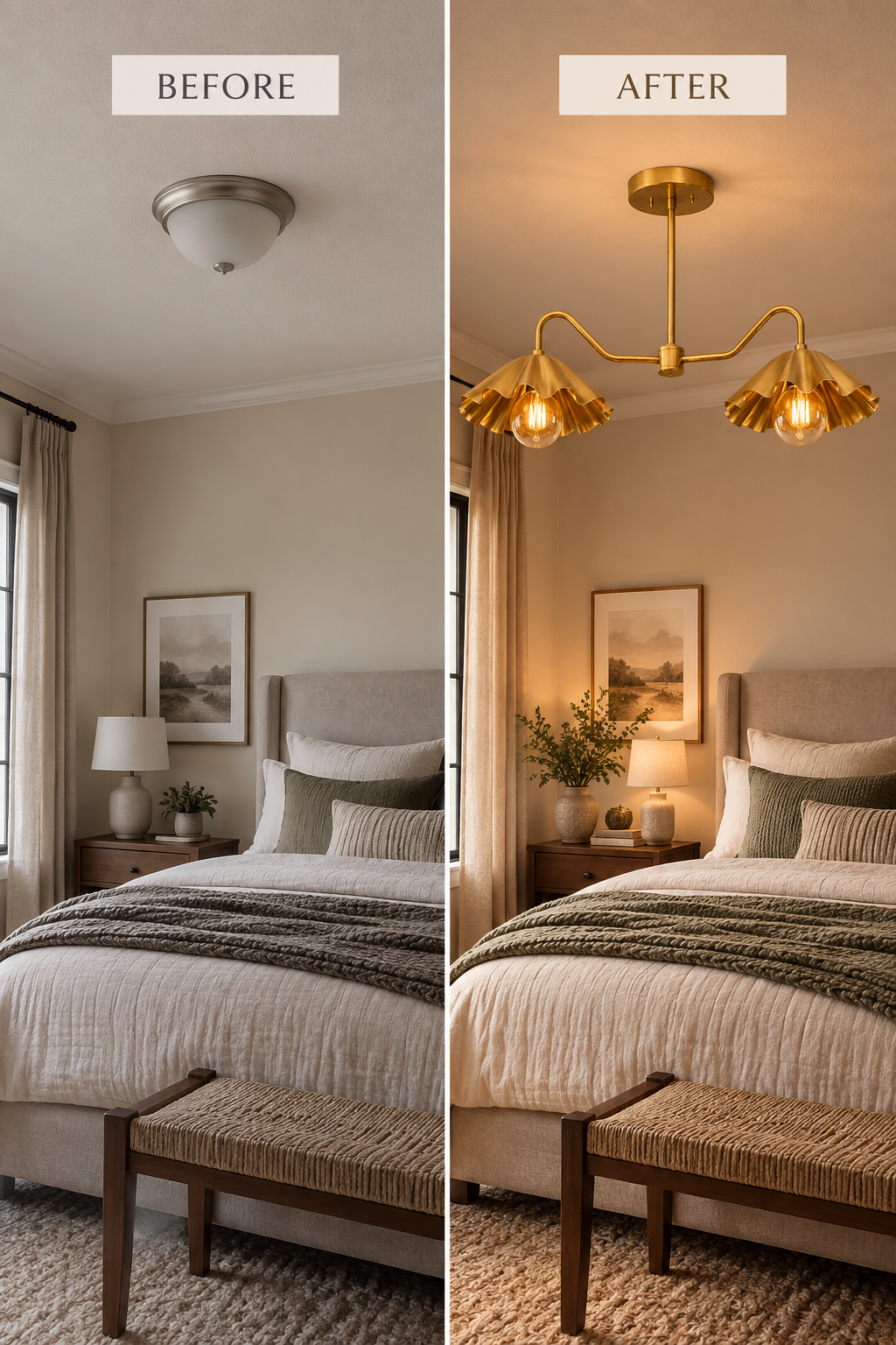 Brass Scalloped Double-Arm Chandelier – Mid-Century Modern Ceiling Light