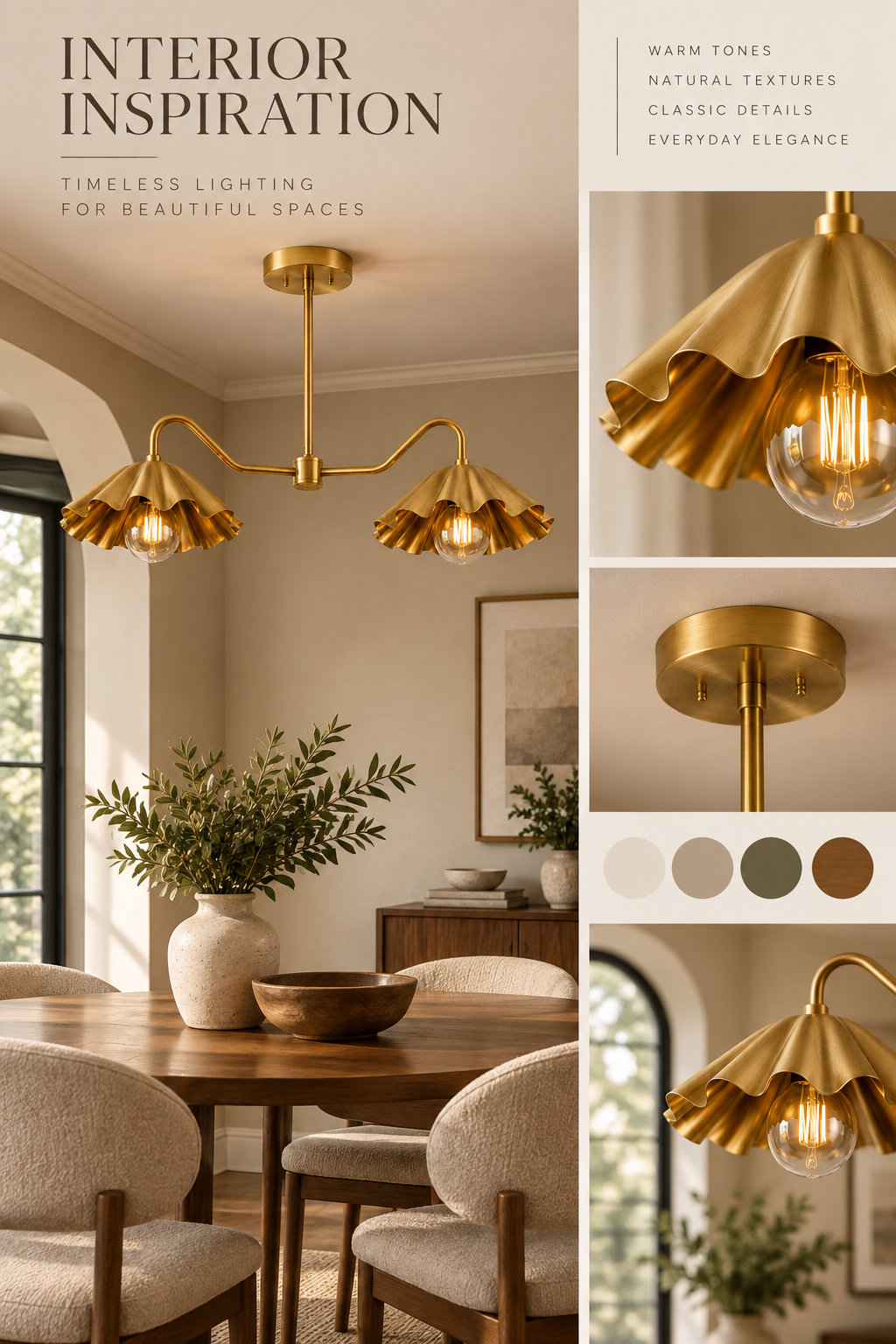 Brass Scalloped Double-Arm Chandelier – Mid-Century Modern Ceiling Light