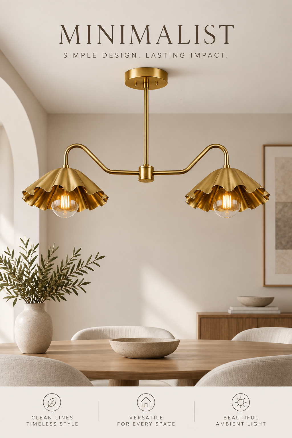 Brass Scalloped Double-Arm Chandelier – Mid-Century Modern Ceiling Light