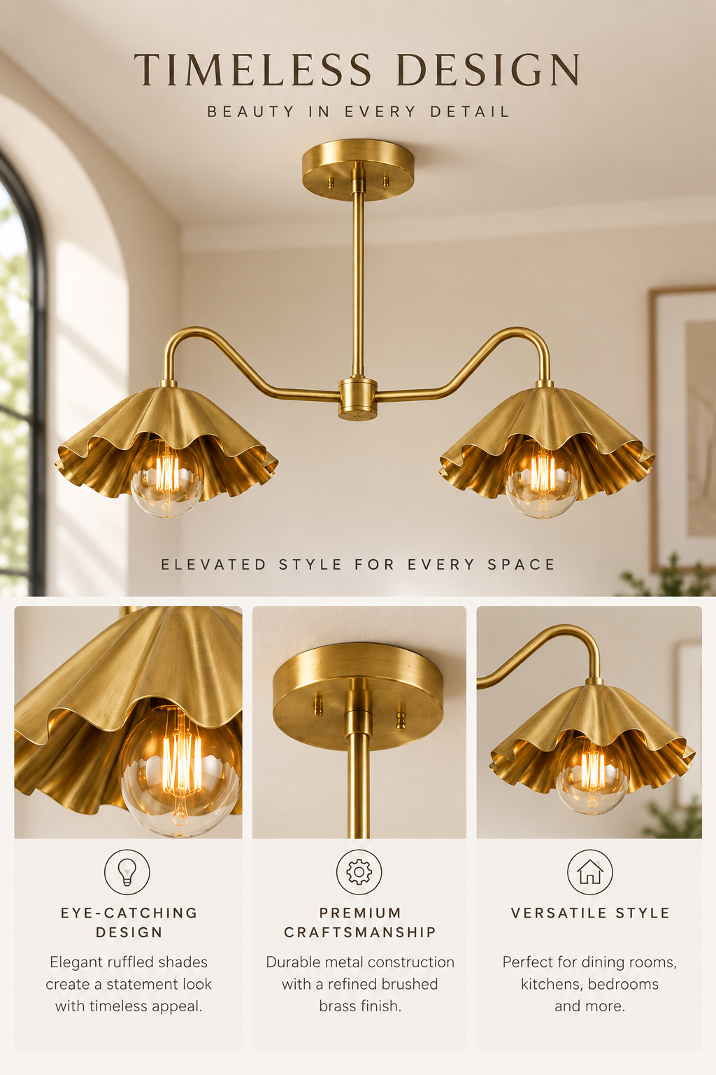 Brass Scalloped Double-Arm Chandelier – Mid-Century Modern Ceiling Light