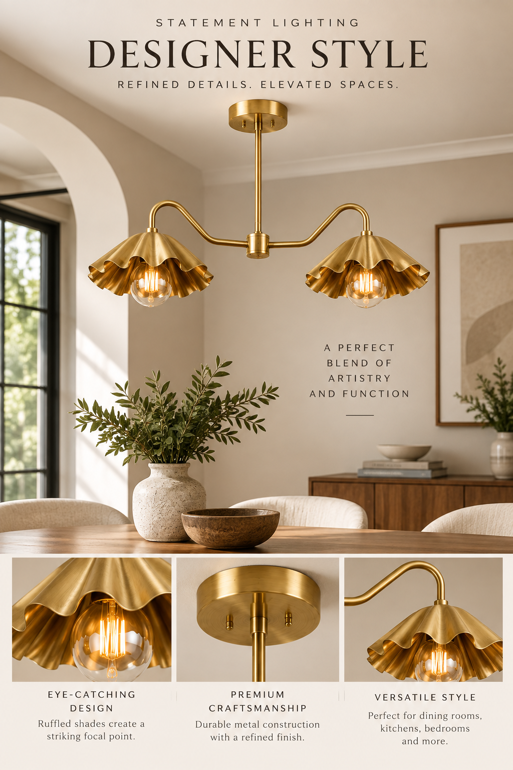 Brass Scalloped Double-Arm Chandelier – Mid-Century Modern Ceiling Light
