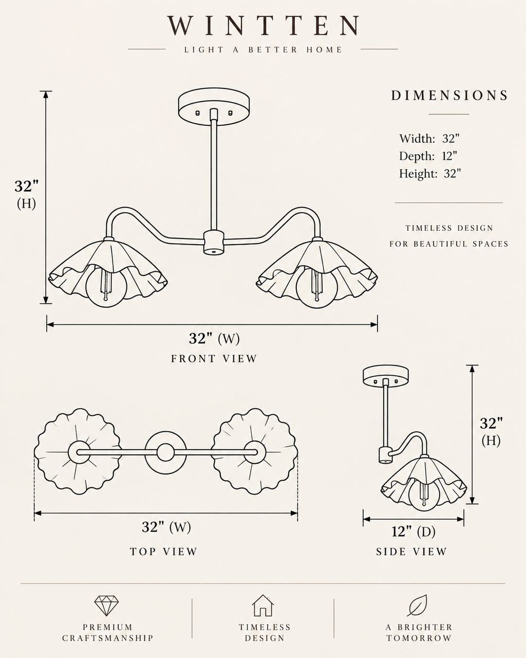 Brass Scalloped Double-Arm Chandelier – Mid-Century Modern Ceiling Light