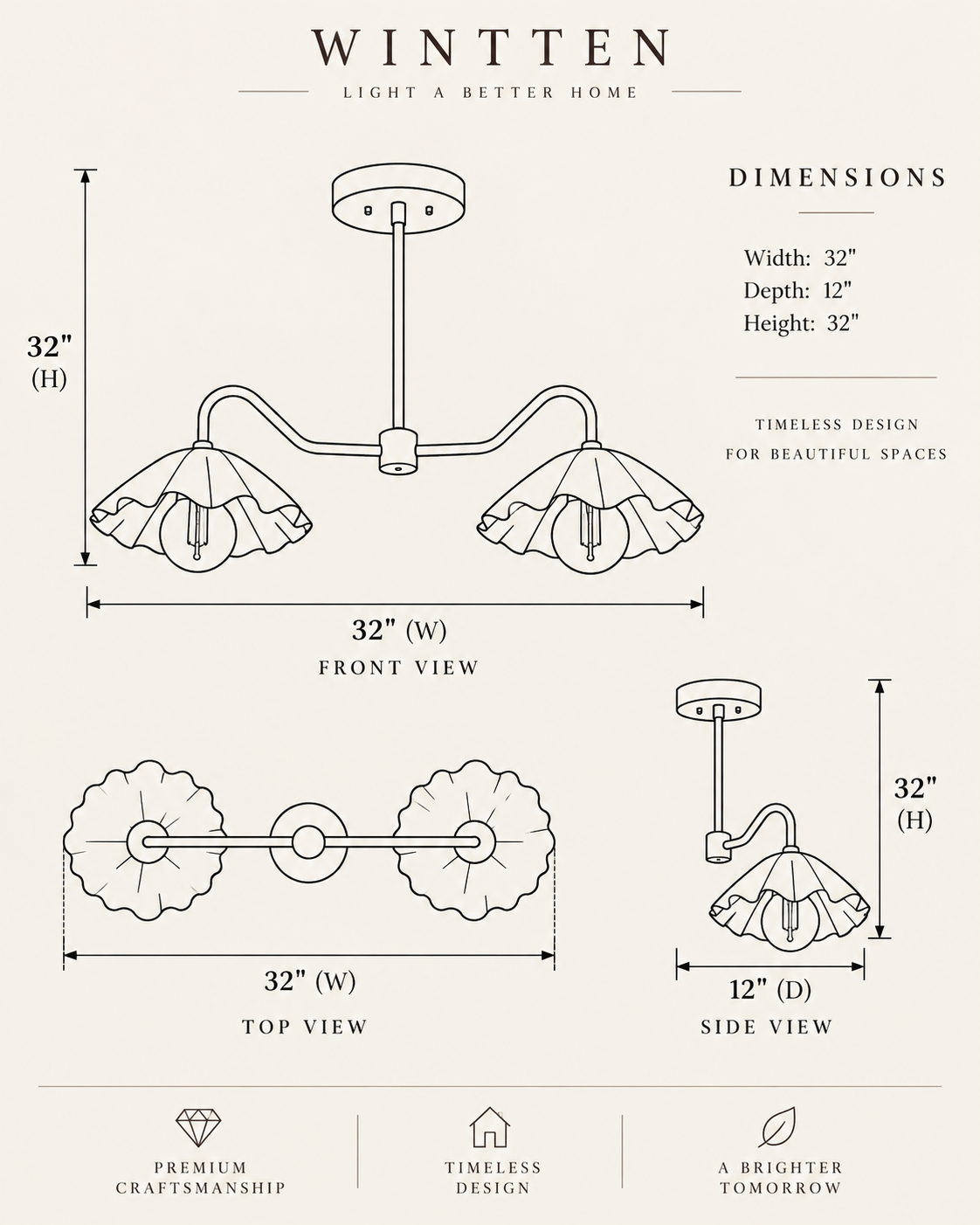 Brass Scalloped Double-Arm Chandelier – Mid-Century Modern Ceiling Light