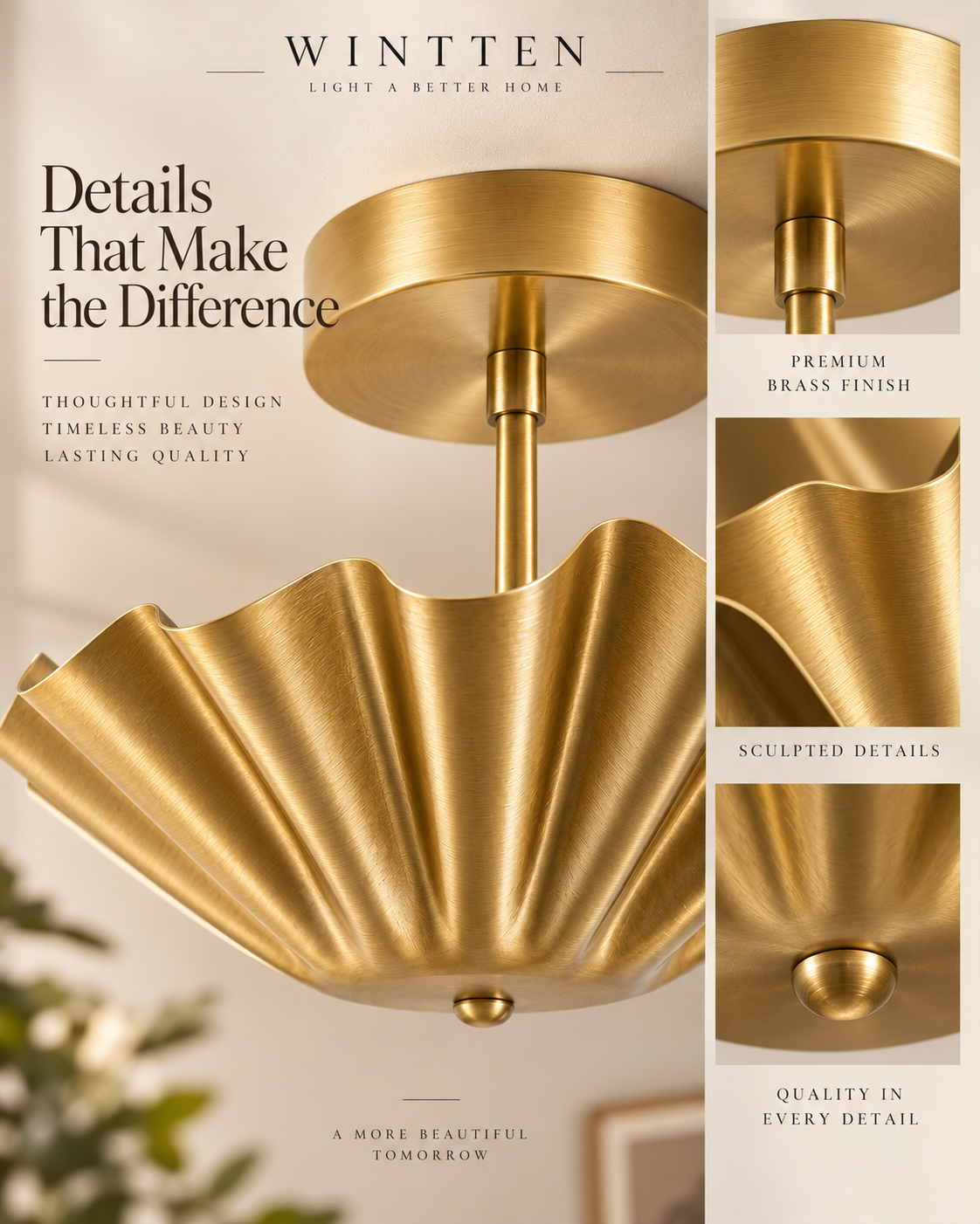 Scalloped Brass Flush Mount Ceiling Light | Mid Century Modern