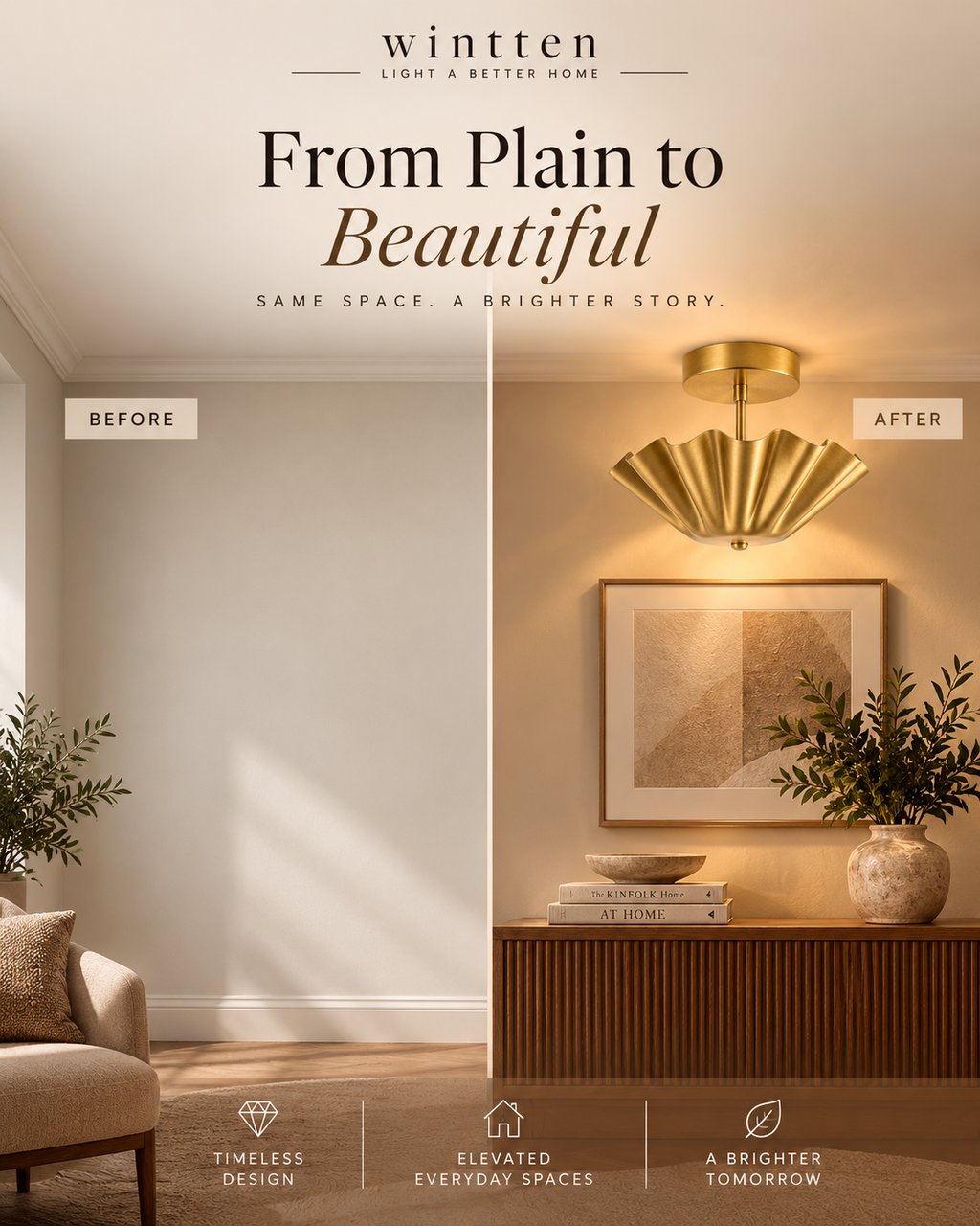 Scalloped Brass Flush Mount Ceiling Light | Mid Century Modern