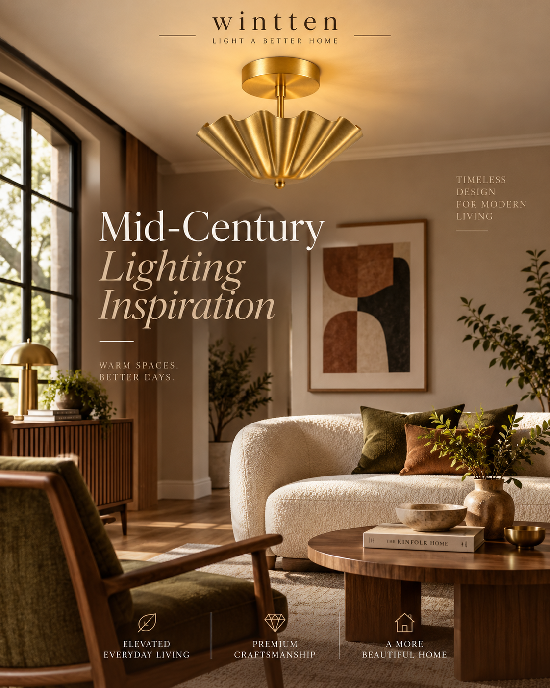 Scalloped Brass Flush Mount Ceiling Light | Mid Century Modern