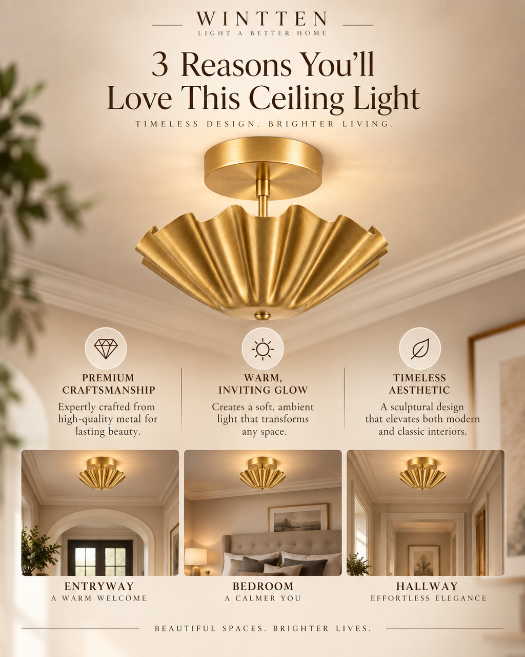 Scalloped Brass Flush Mount Ceiling Light | Mid Century Modern