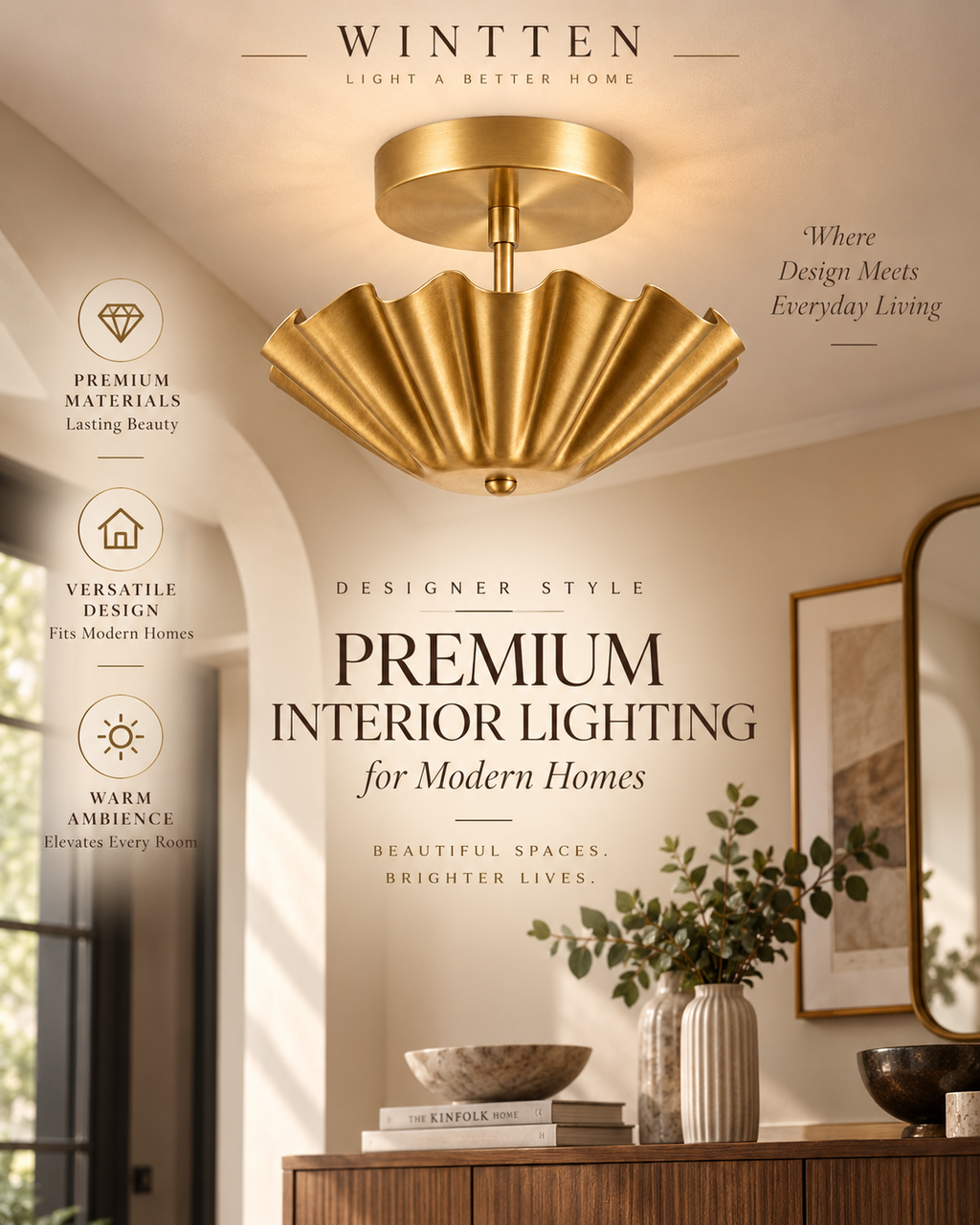 Scalloped Brass Flush Mount Ceiling Light | Mid Century Modern