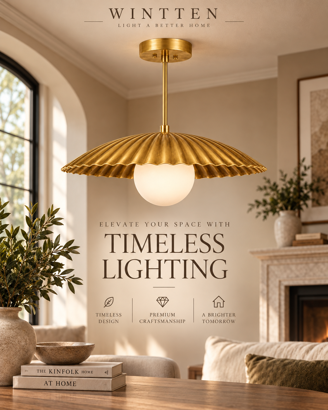 Scalloped Brass Pendant Chandelier with Glass Globe – Mid Century Modern Ceiling Light