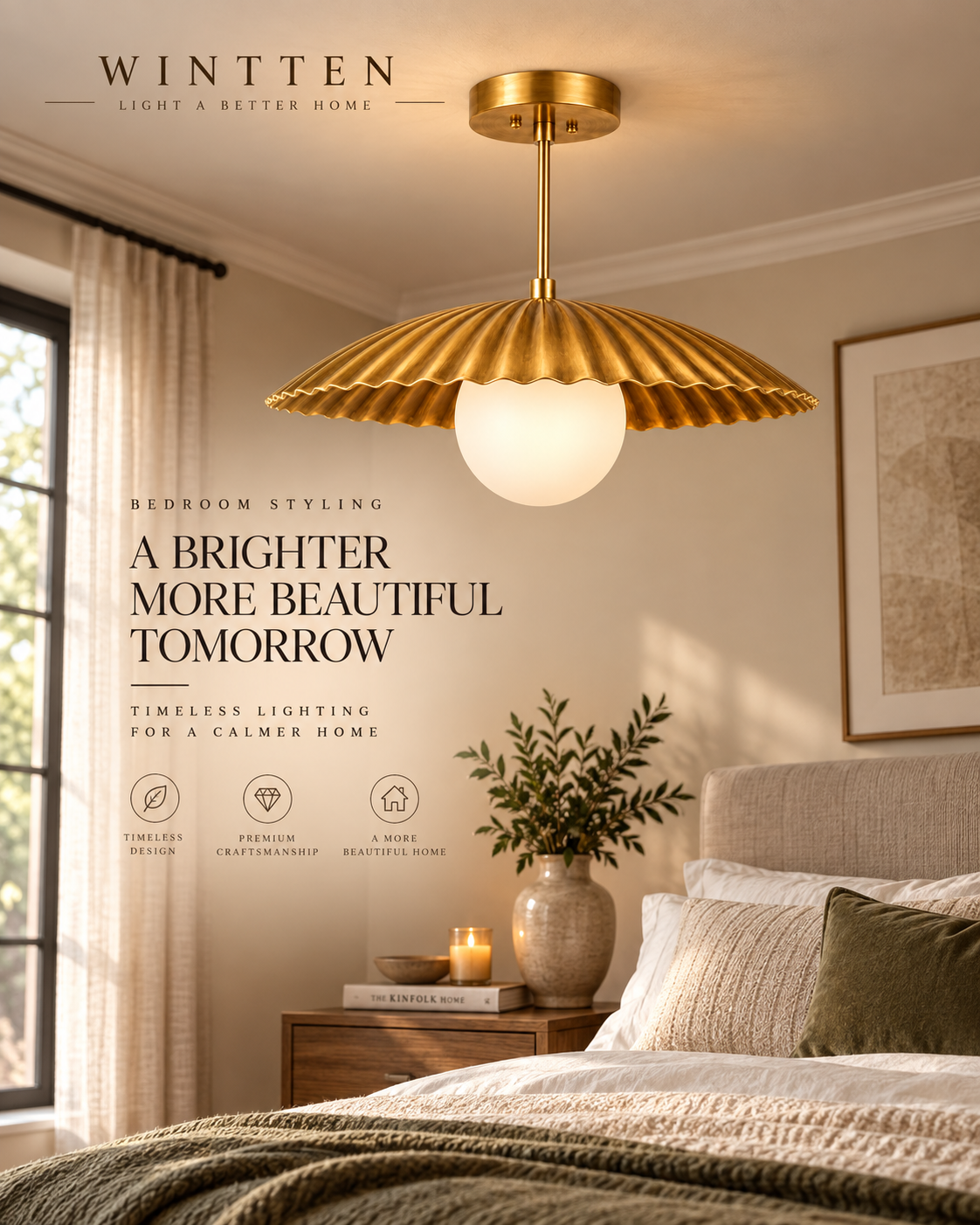 Scalloped Brass Pendant Chandelier with Glass Globe – Mid Century Modern Ceiling Light