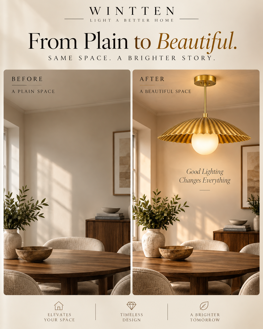 Scalloped Brass Pendant Chandelier with Glass Globe – Mid Century Modern Ceiling Light