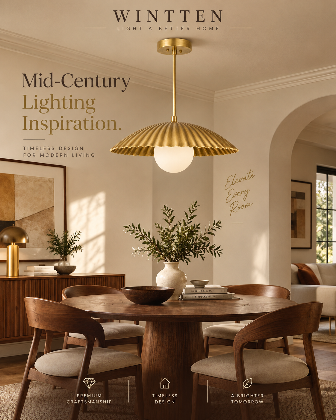 Scalloped Brass Pendant Chandelier with Glass Globe – Mid Century Modern Ceiling Light