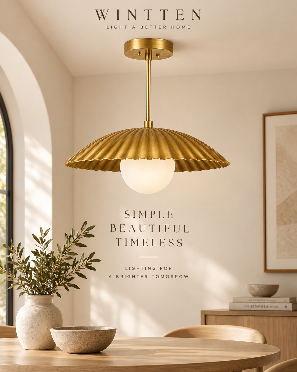 Scalloped Brass Pendant Chandelier with Glass Globe – Mid Century Modern Ceiling Light