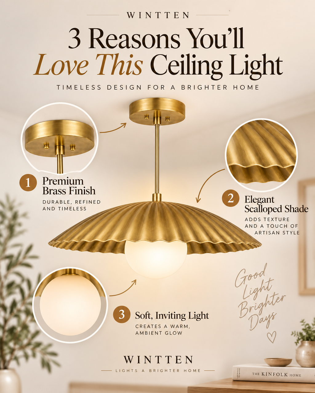 Scalloped Brass Pendant Chandelier with Glass Globe – Mid Century Modern Ceiling Light