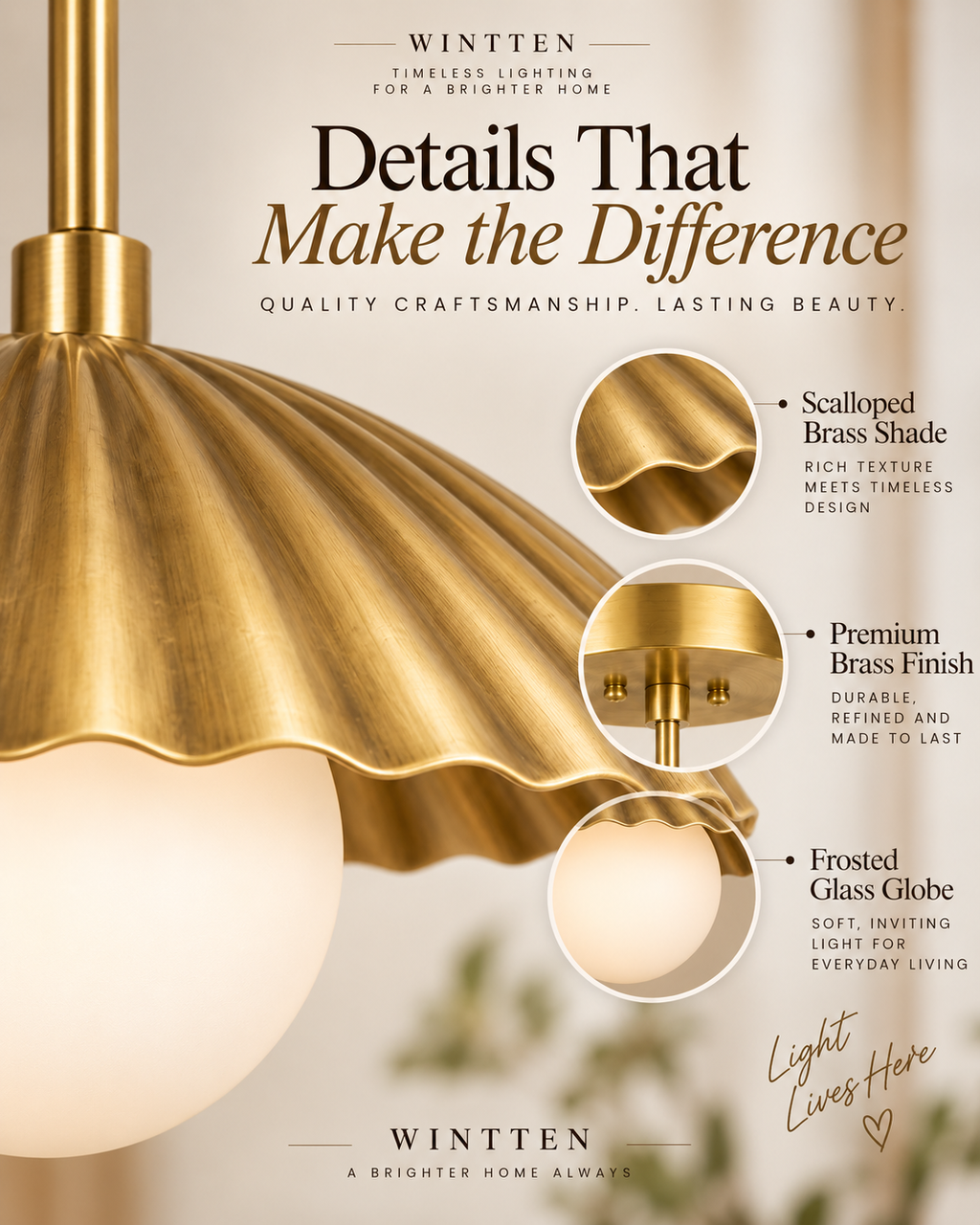 Scalloped Brass Pendant Chandelier with Glass Globe – Mid Century Modern Ceiling Light