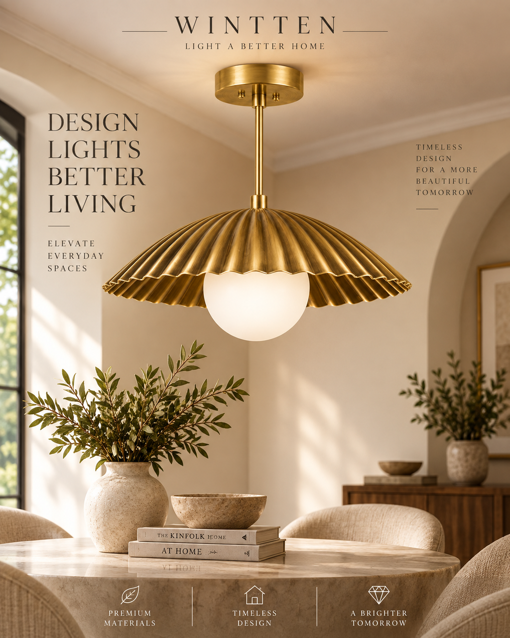 Scalloped Brass Pendant Chandelier with Glass Globe – Mid Century Modern Ceiling Light