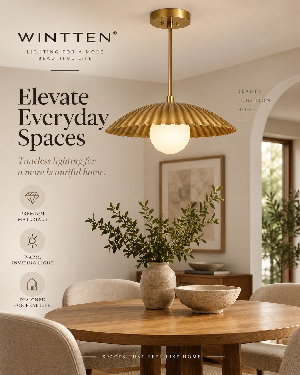 Scalloped Brass Pendant Chandelier with Glass Globe – Mid Century Modern Ceiling Light