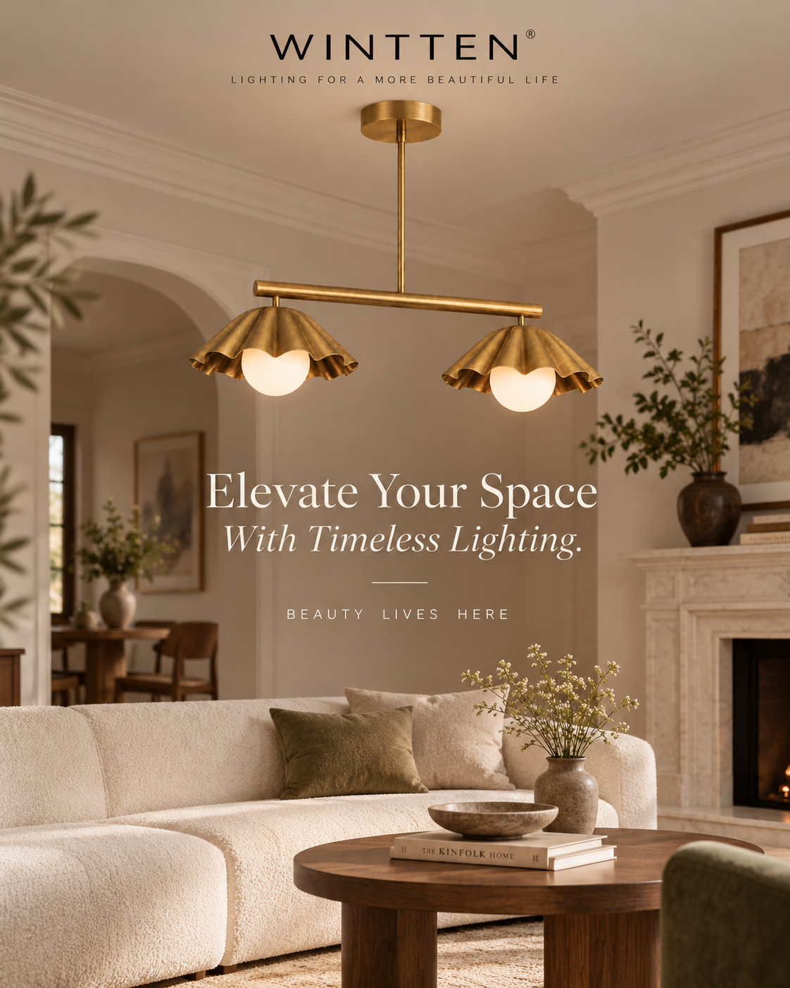 Scalloped Brass Linear Chandelier – Mid Century Modern 2-Light Pendant Fixture