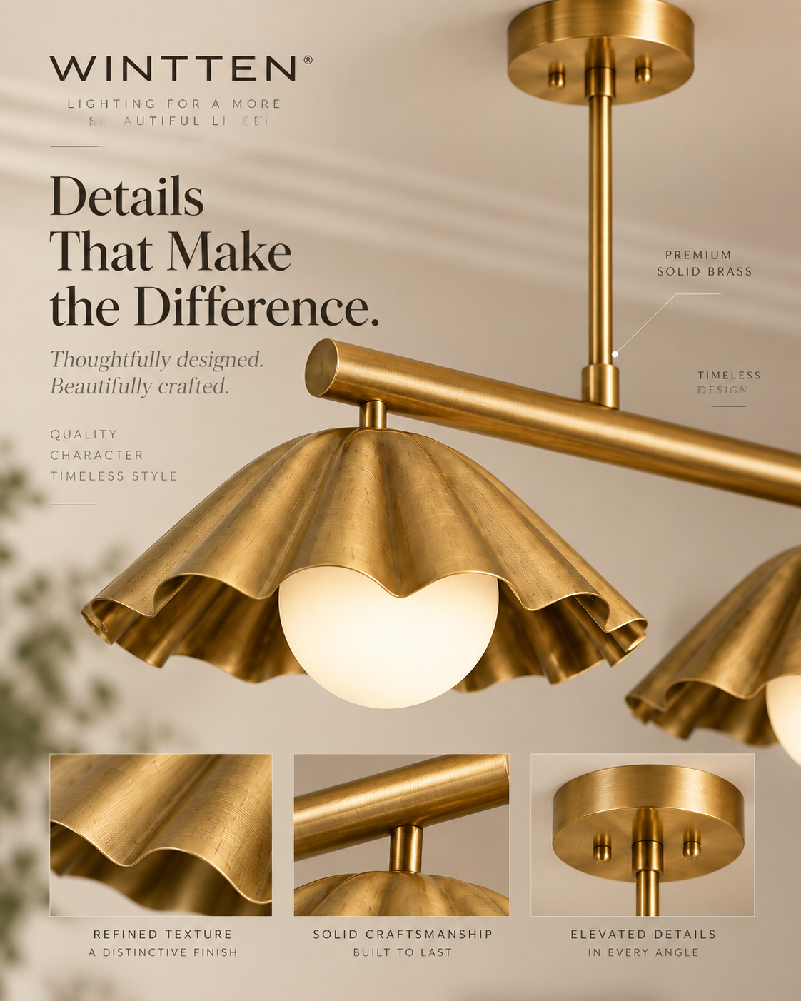 Scalloped Brass Linear Chandelier – Mid Century Modern 2-Light Pendant Fixture