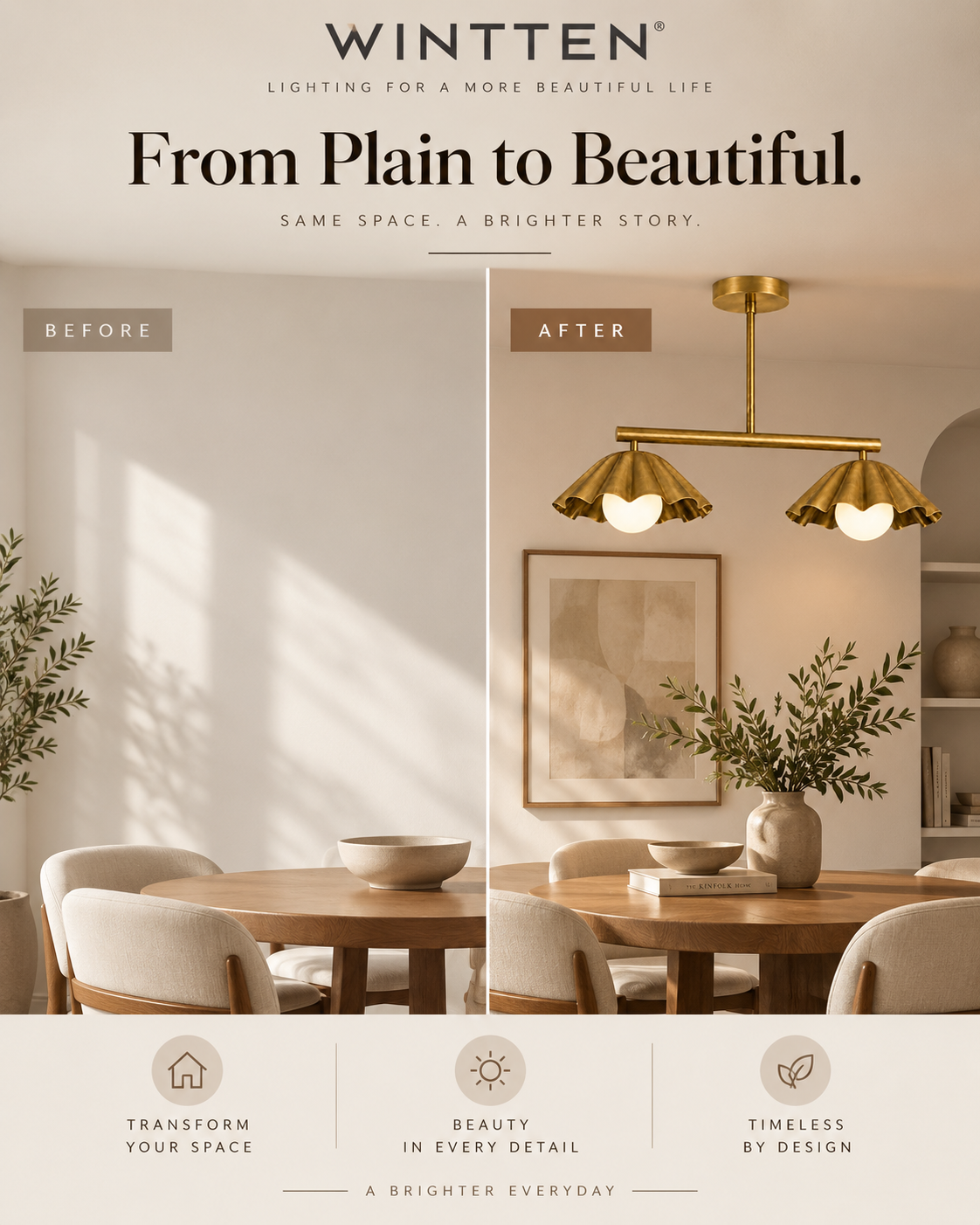 Scalloped Brass Linear Chandelier – Mid Century Modern 2-Light Pendant Fixture