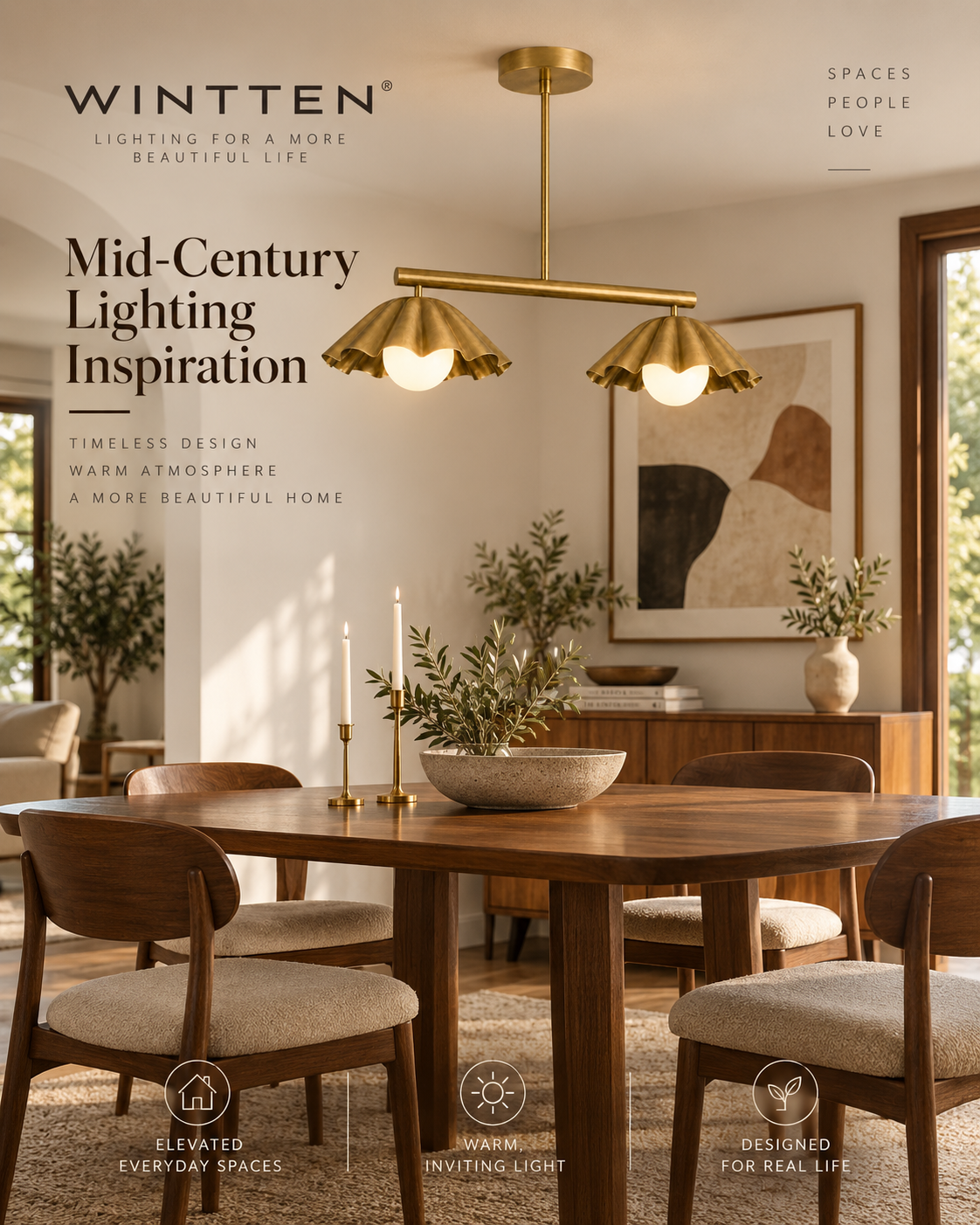 Scalloped Brass Linear Chandelier – Mid Century Modern 2-Light Pendant Fixture