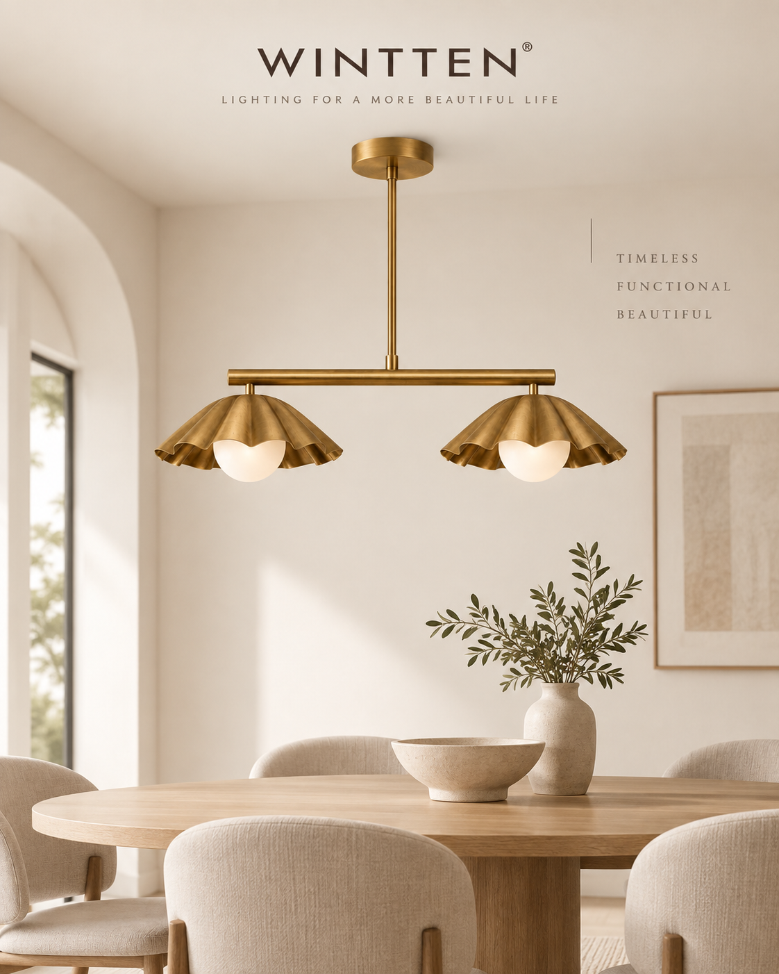 Scalloped Brass Linear Chandelier – Mid Century Modern 2-Light Pendant Fixture