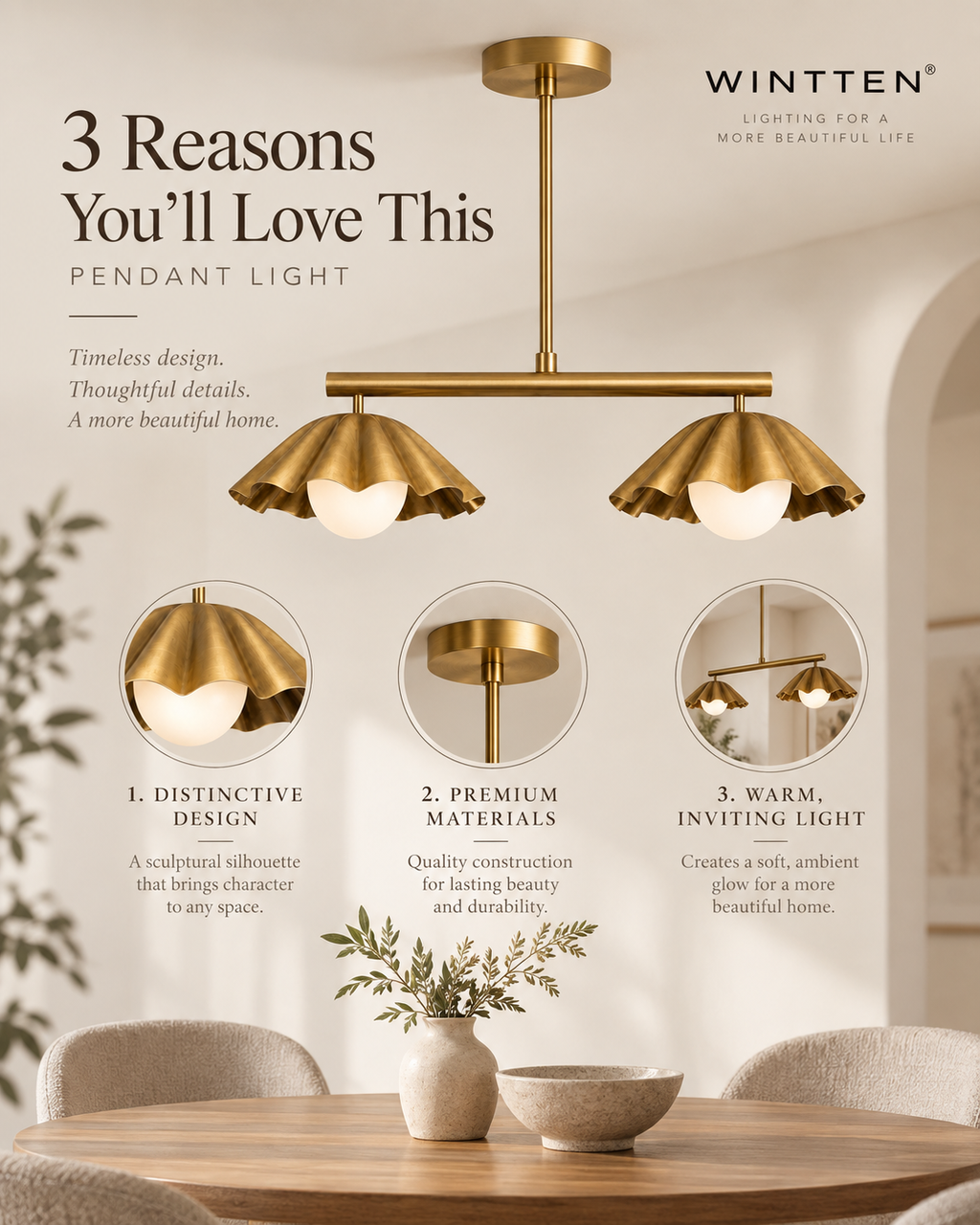 Scalloped Brass Linear Chandelier – Mid Century Modern 2-Light Pendant Fixture