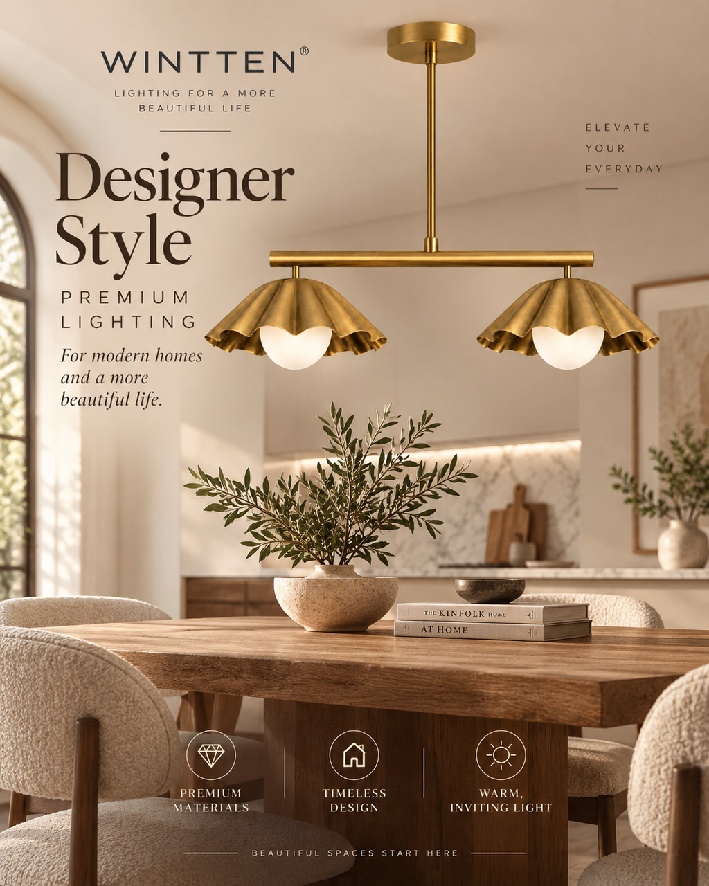Scalloped Brass Linear Chandelier – Mid Century Modern 2-Light Pendant Fixture