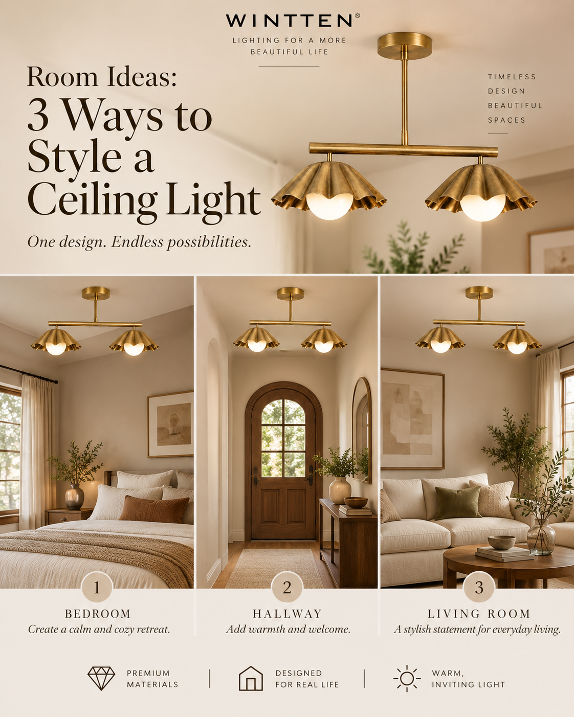 Scalloped Brass Linear Chandelier – Mid Century Modern 2-Light Pendant Fixture