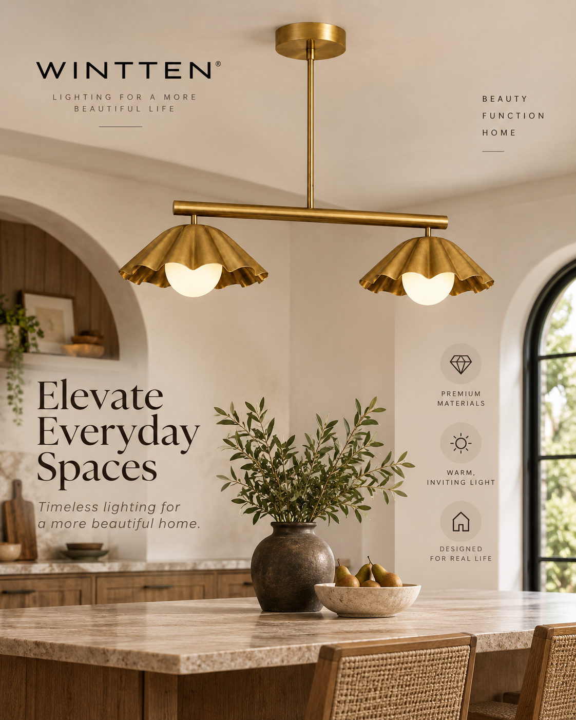 Scalloped Brass Linear Chandelier – Mid Century Modern 2-Light Pendant Fixture