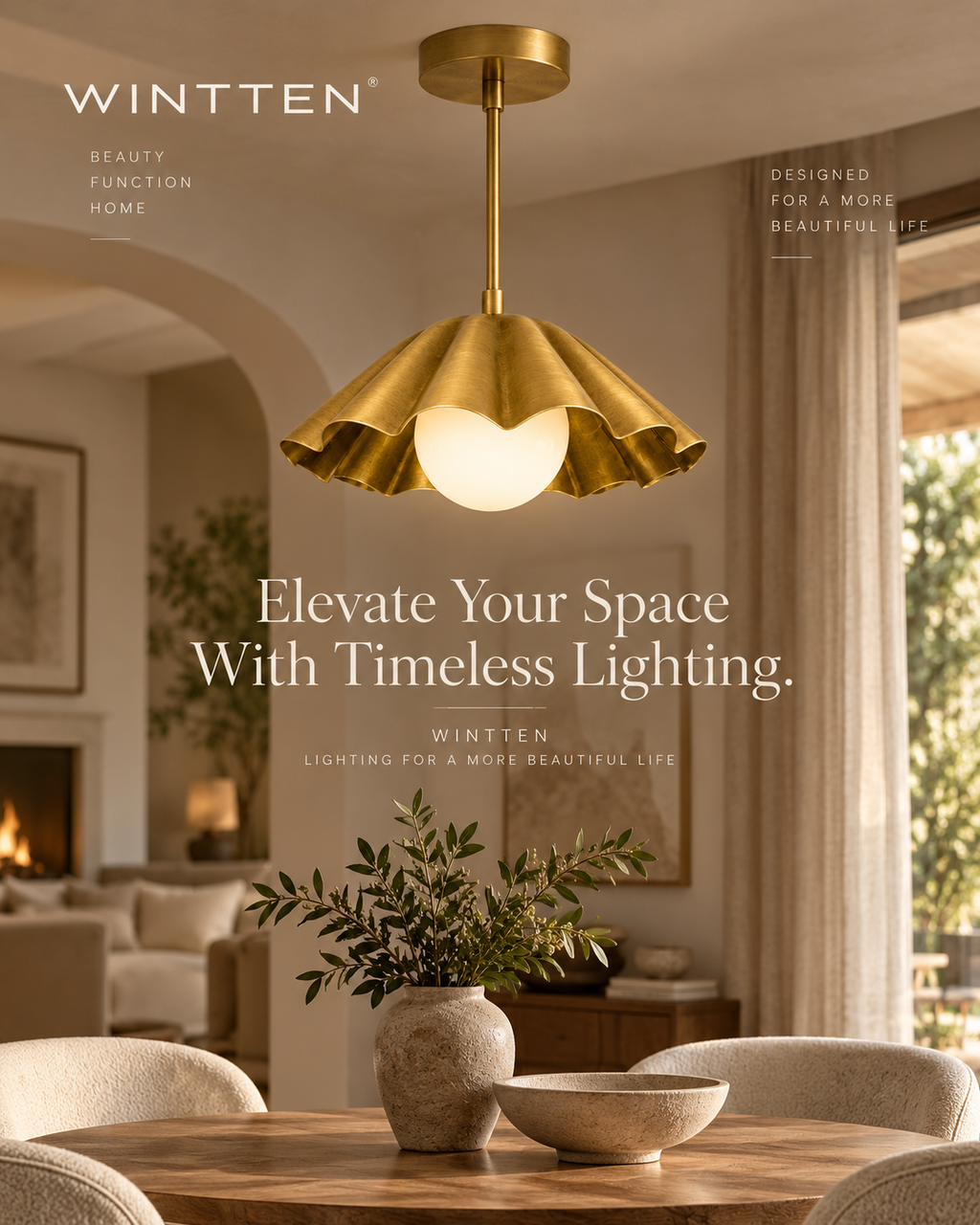 Brass Scalloped Pendant Light – Mid Century Modern Ceiling Fixture with Glass Globe