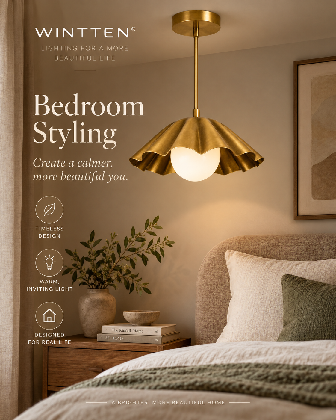 Brass Scalloped Pendant Light – Mid Century Modern Ceiling Fixture with Glass Globe