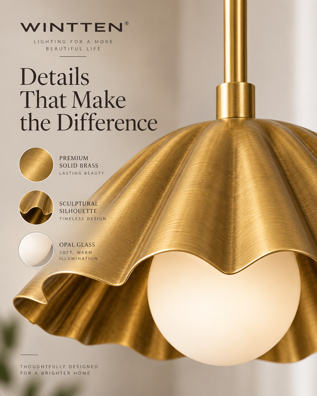 Brass Scalloped Pendant Light – Mid Century Modern Ceiling Fixture with Glass Globe