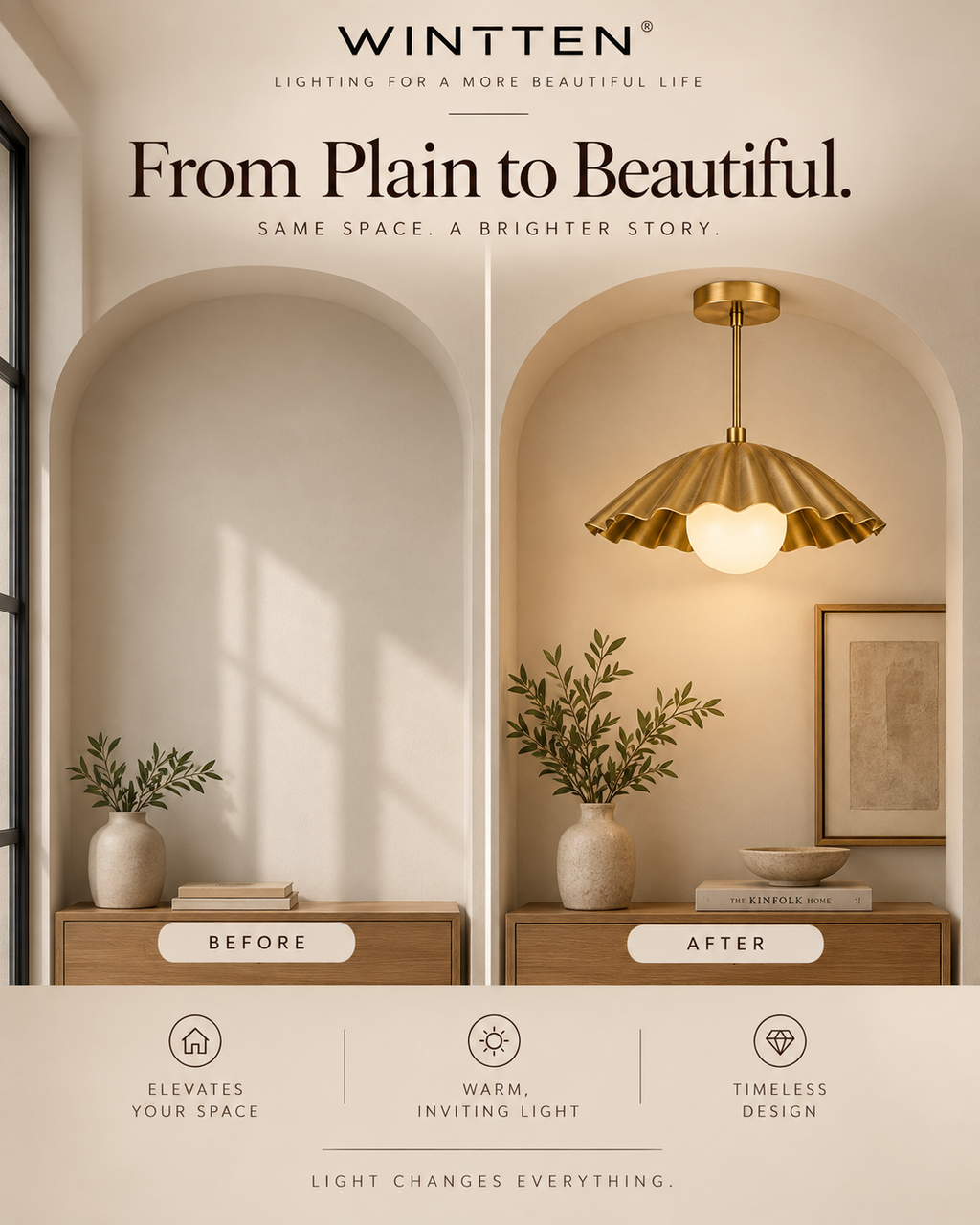 Brass Scalloped Pendant Light – Mid Century Modern Ceiling Fixture with Glass Globe