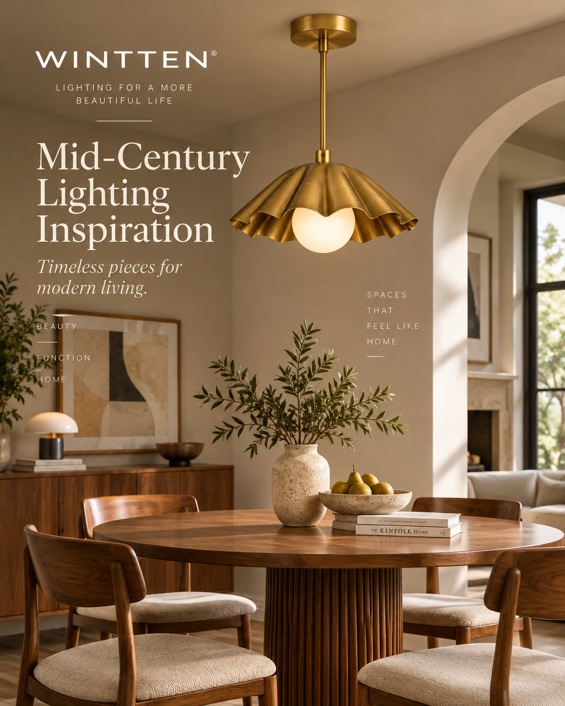 Brass Scalloped Pendant Light – Mid Century Modern Ceiling Fixture with Glass Globe