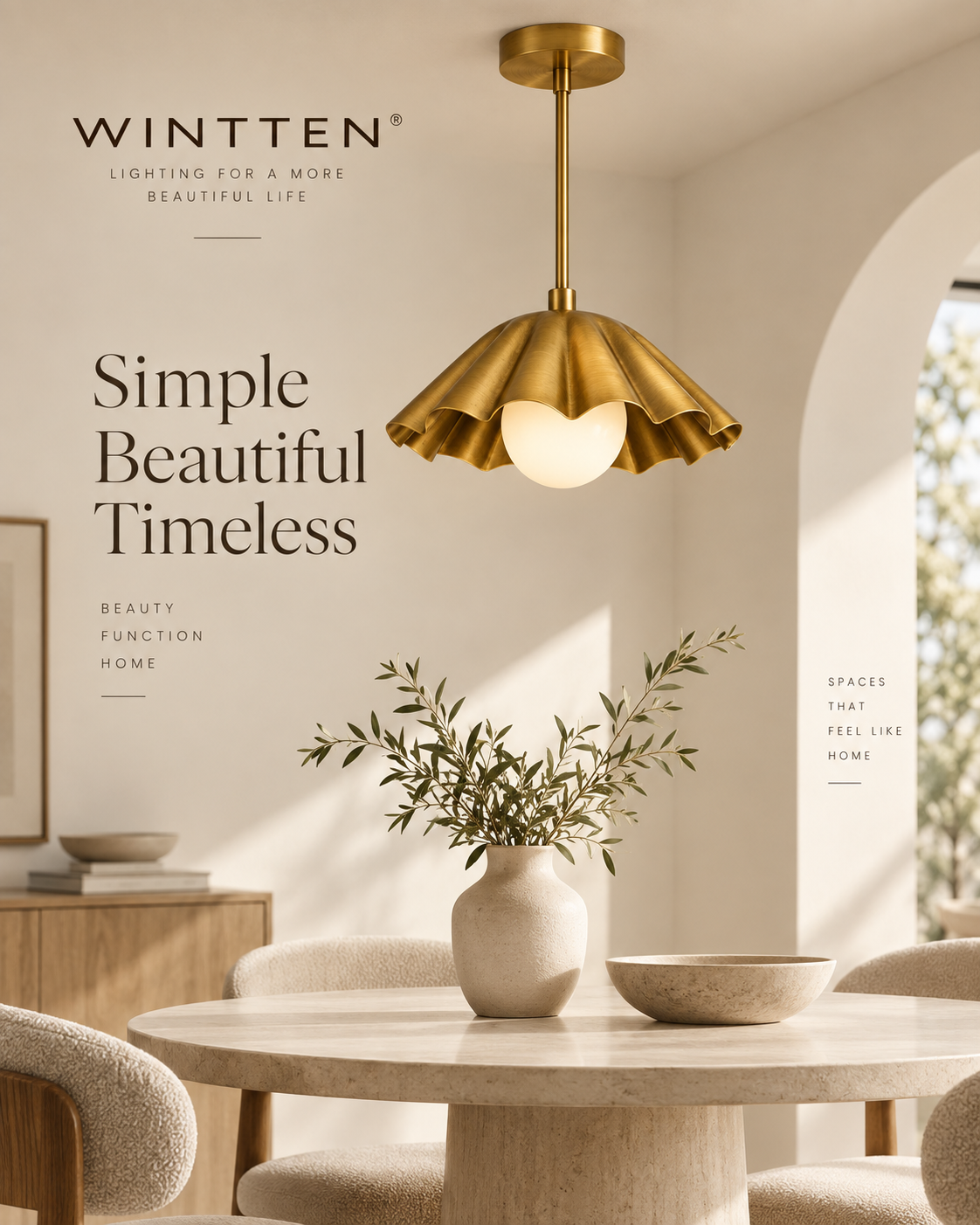 Brass Scalloped Pendant Light – Mid Century Modern Ceiling Fixture with Glass Globe